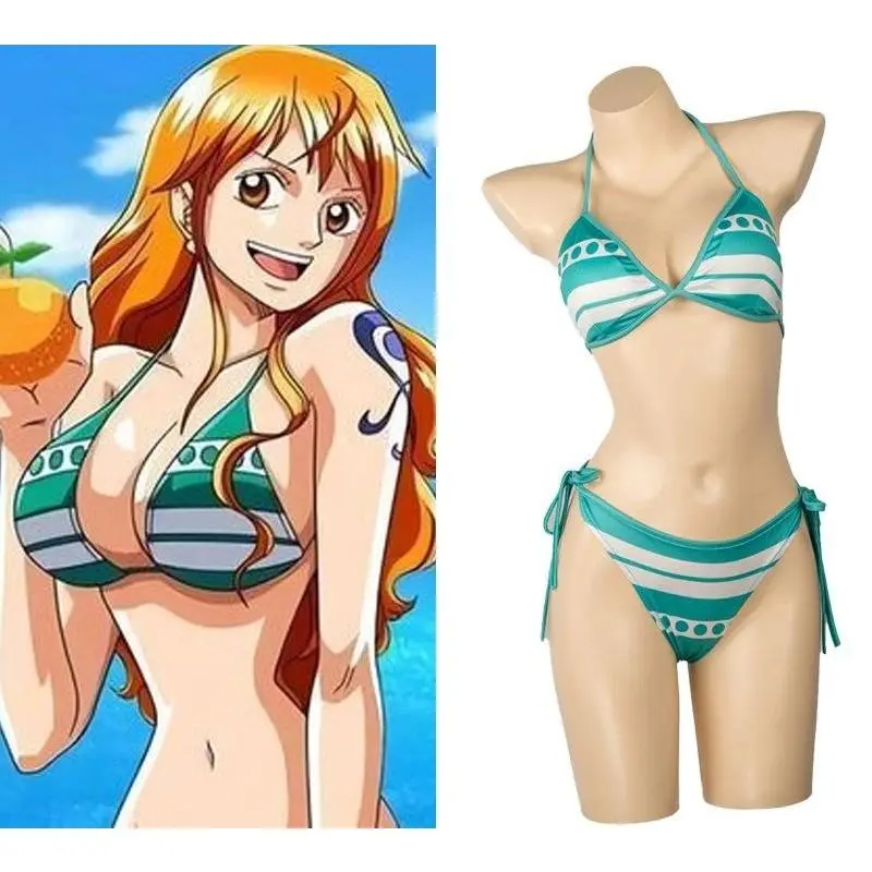 Nami Green Stripe Swimsuit Bikini Swimwear Two-piece Bathing Suit Cosplay Costume Anime Character Halloween Clothing for Women