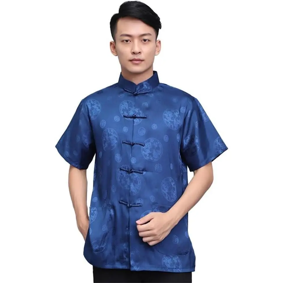 Chinese Tang Suit Traditional Uniform Short Sleeve Top Kungfu Shirt for Men