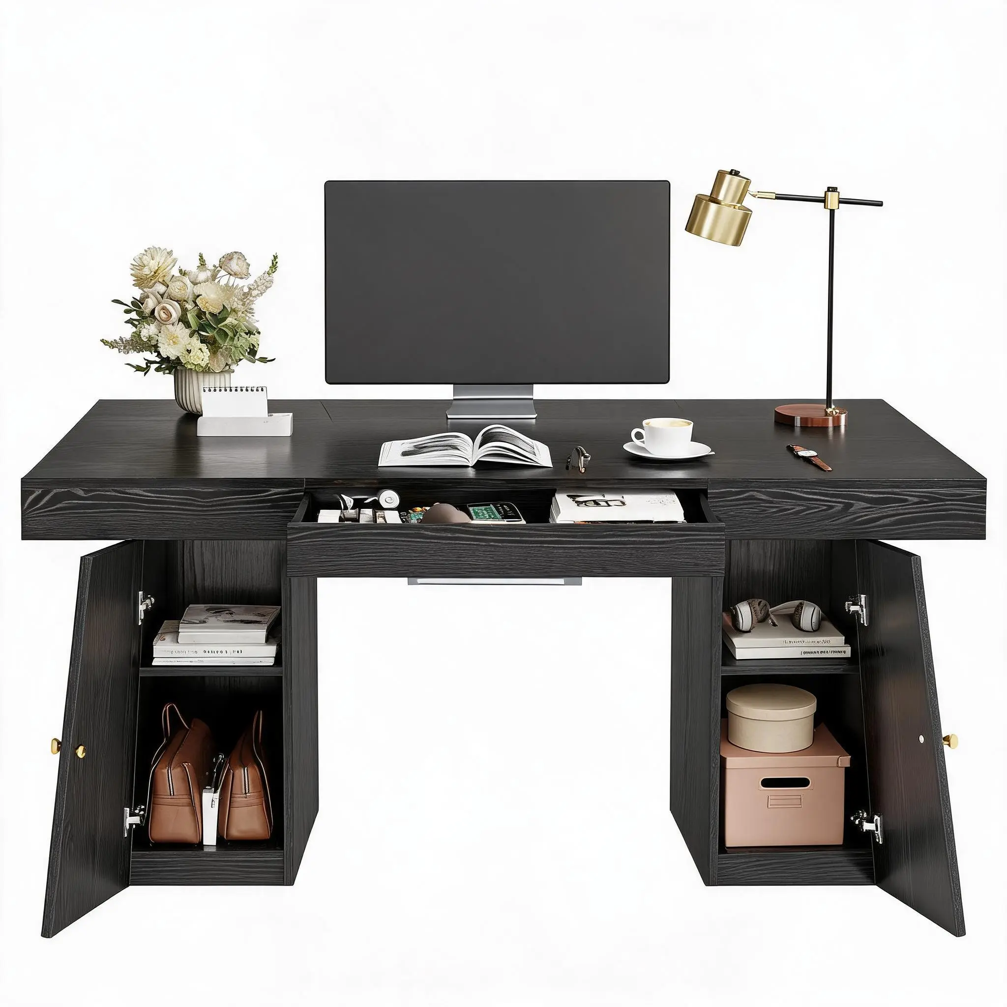 Spacious Modern Computer Desk with Drawers - 55 x 27.5 Inch Writing Table - Storage Shelves for Home Office - Durable Workstation