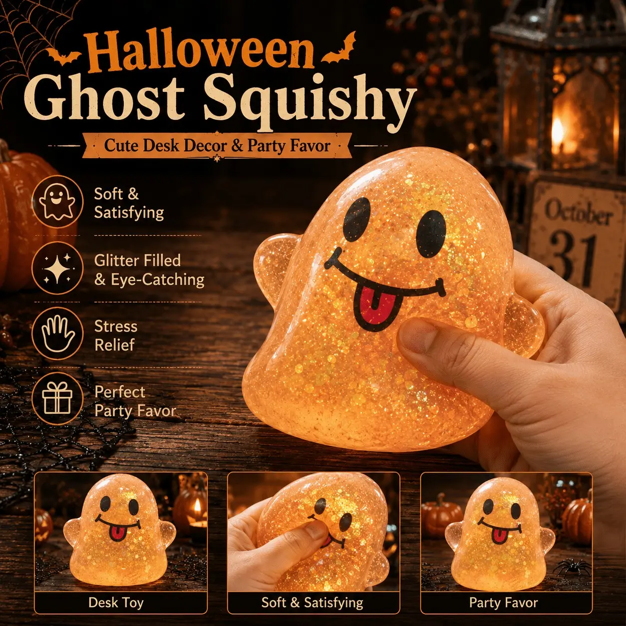 Halloween Ghost Jumbo Squeezing Toy, Flashy Filled Cute Horror Finger Plaything, Kids Back-To-School Gift, Wedding Favor, Christmas Party Gift
