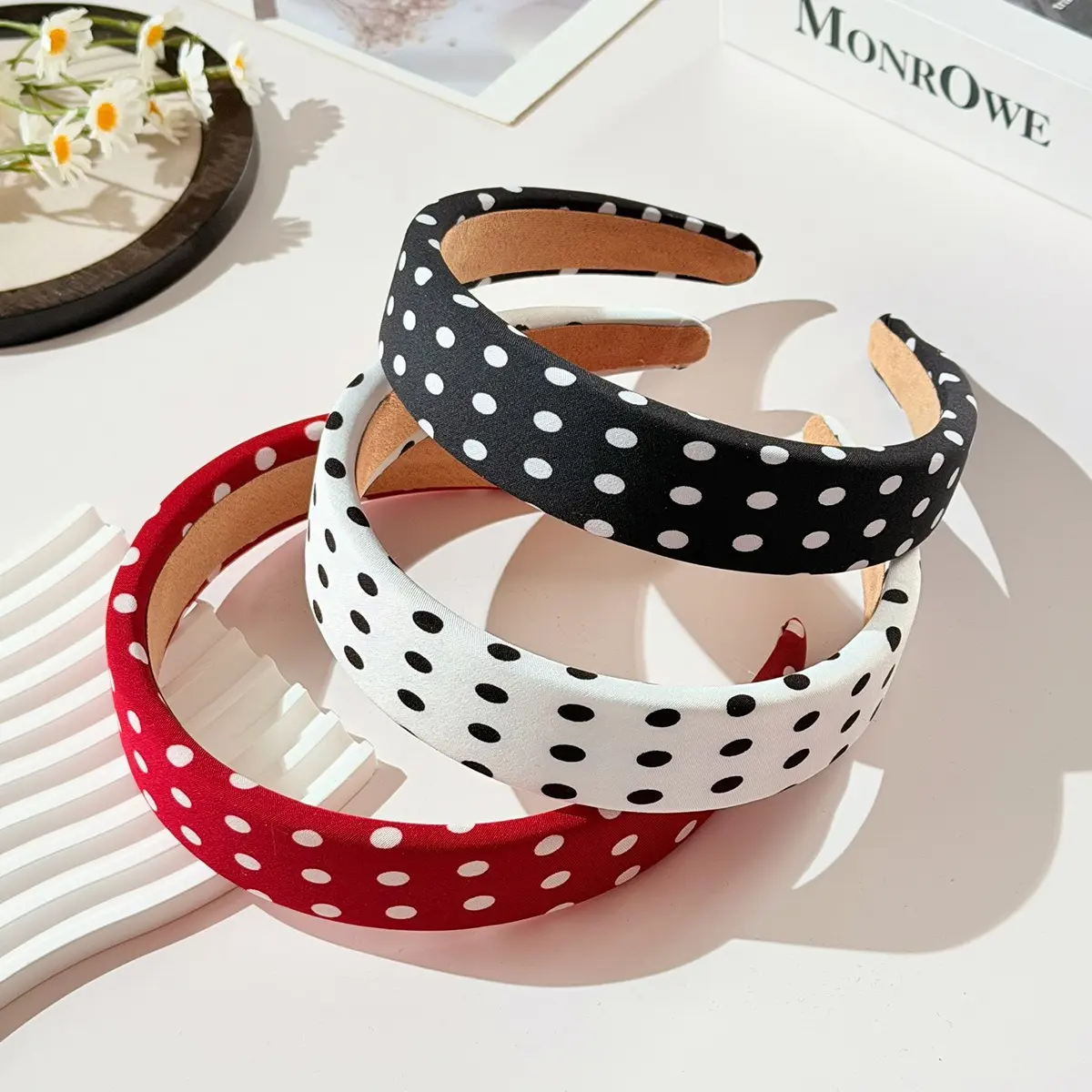 French Style Polka Dot Padded Headband for Women Wide Sponge Hair Band Soft Comfortable Non-Slip Fashion Hair Accessories for Daily Wear Office Party Travel Holiday