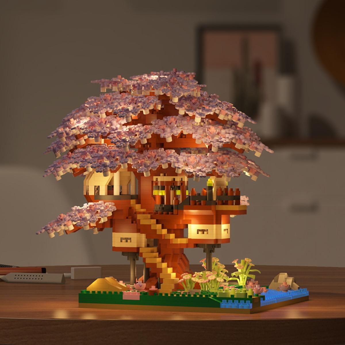 Mini Cherry Blossom Tree House Building Blocks Model (1 Box), Creative House Building Kit and Educational Blocks Toy for Kids, Home Decoration, Birthday and Festival Gift