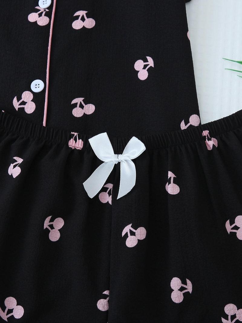 Two-Piece Set Women's Cherry Print Contrast Binding Lapel Shirt & Bow Decor Shorts Pyjama Set, Button Front Short Sleeve Sleep Top & Elastic Waist Shorts PJ Set, Summer Sleepwear Set for Ladies, Pajamas, Loungewear
