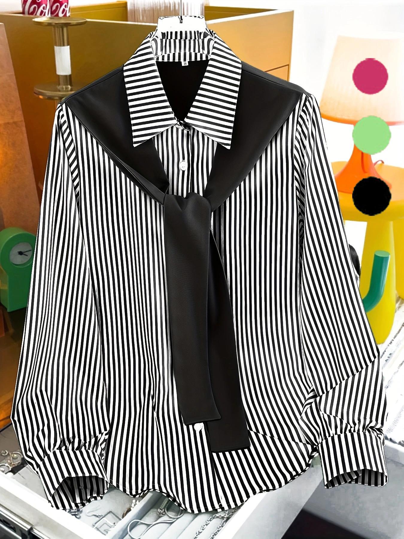 Women's Striped Print Tie Front Shirt Blouse, Casual Long Sleeve Collared Top for Spring & Fall, Women's Clothing for Daily Wear