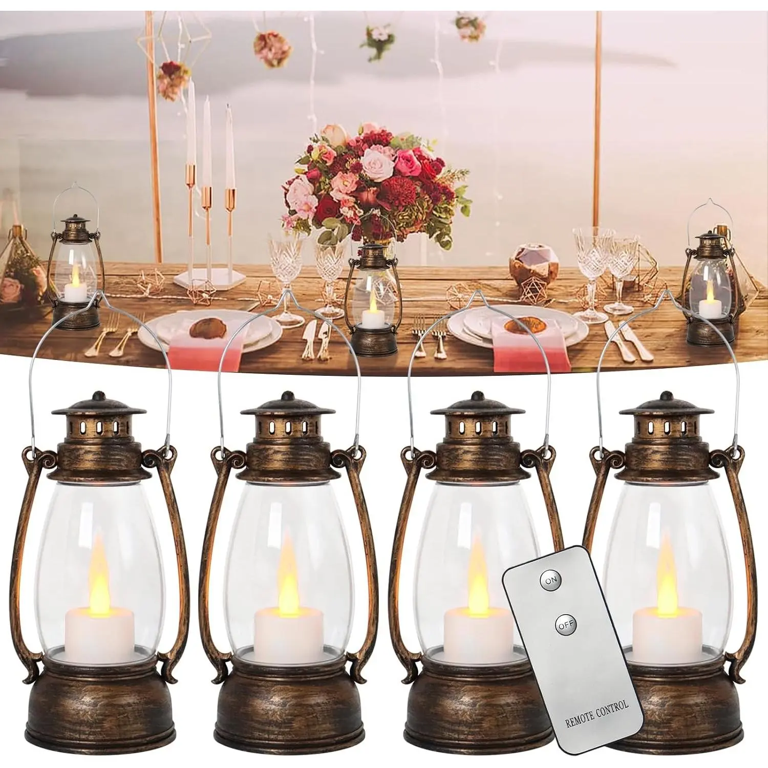 Vintage Flickering LED Candle Lantern Decor, 4-Pack Small Hanging Lanterns with Remote, Indoor Outdoor Lanterns for Wedding Centerpiece Halloween Christmas Farmhouse Decorations