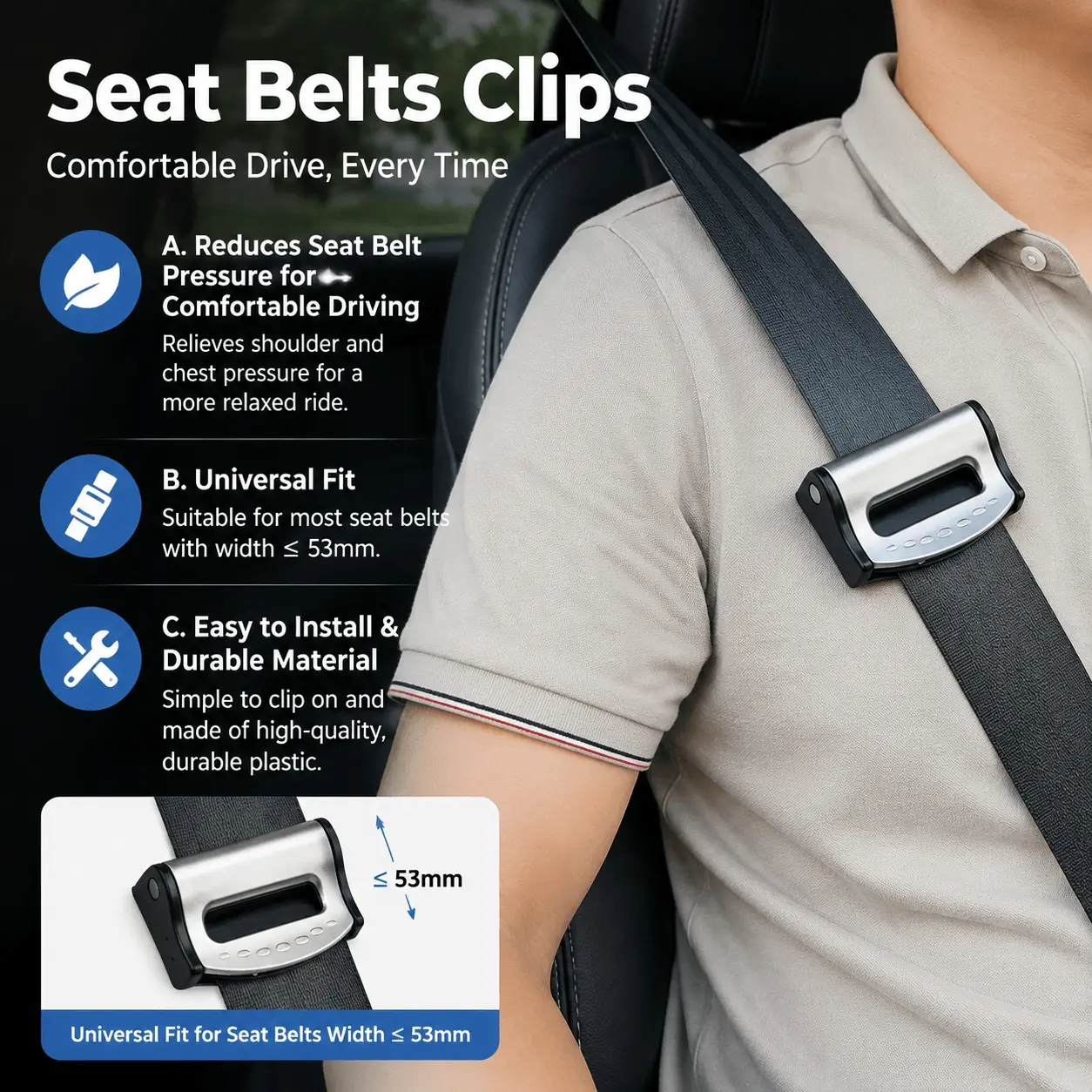 Universal Car Seat Belt Adjuster Clip Anti-Slip Extender Locking Device Ergonomic Durable Comfort Fit for Kids Adults Safety Belt Reliever Strap Accessories