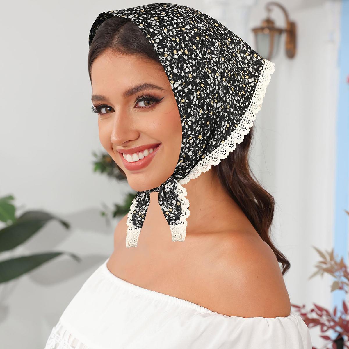 AWAYTR 3Pcs/Set Flower Printed Hair Bandanas Headbands Solid Color Chiffon Head Kerchief for Women Girls Bohemian Hair Scarf Floral Lace Edge Headband Bandana