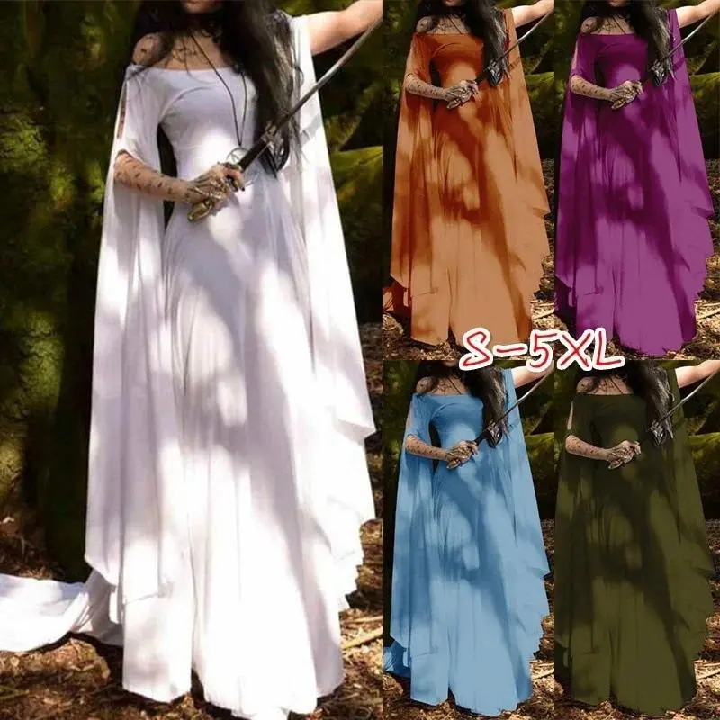 Women Halloween Dress Retro Cosplay Vintage Party Club Elegante Solid Off Shoulder Dress Maxi Funny Halloween Elf Dress