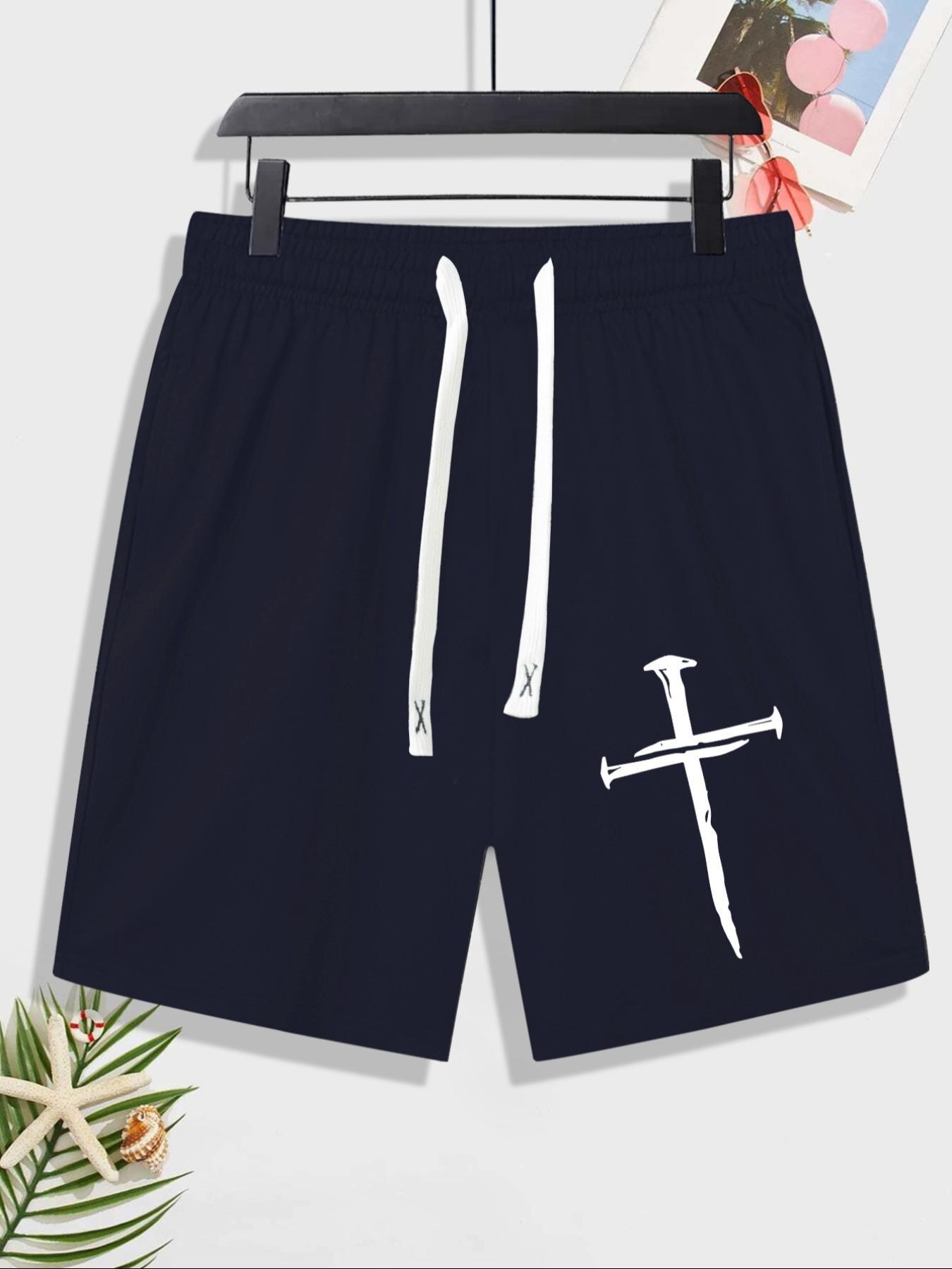 Emo Outfits Men's Stylish Cross Graphic Drawstring Shorts, Regular Fit Casual Breathable Elastic Waist Straight Leg Shorts, Summer Clothes, Shorts for Men, Mens Streetwear Clothing, Menswear, Cross Print Shorts