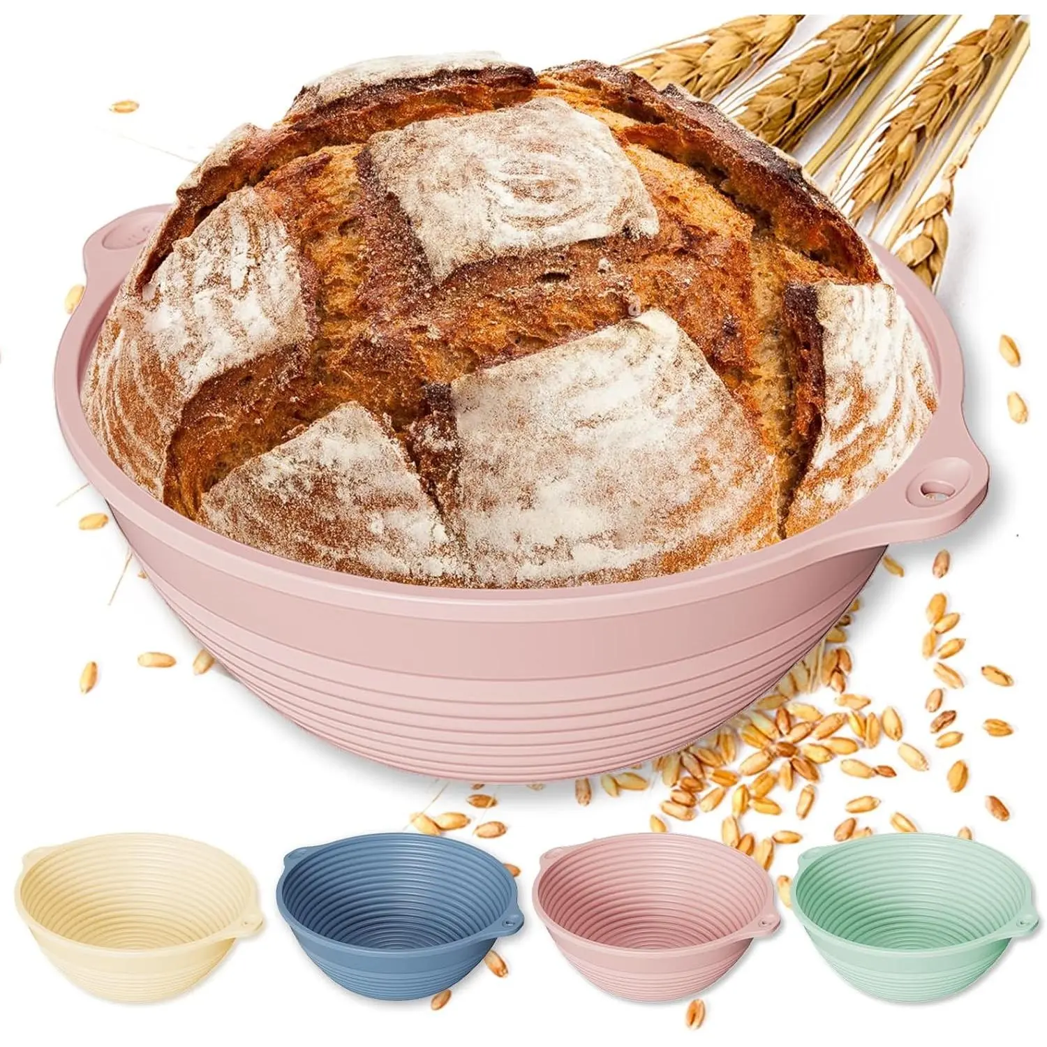 Upgraded 4 Pack 9" Silicone Banneton Bread Proofing Basket, Collapsible Non-Stick Round Dough Proofing Bowl with Reinforced Rim, Dual Handles, Oven & Dishwasher Safe, BPA Free
