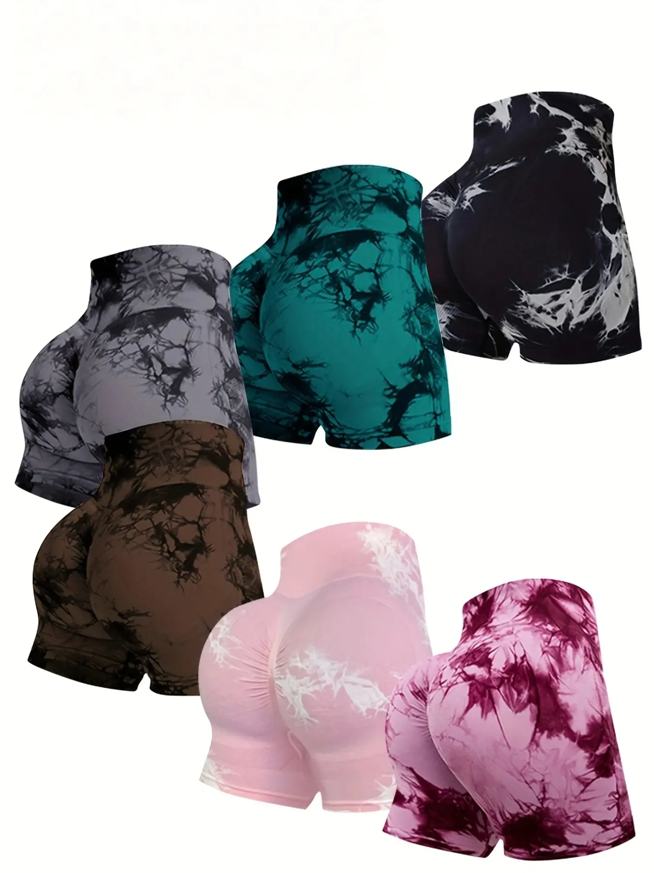 6-Pack Women's Seamless High-Waisted Tie-Dye Yoga Shorts, Elastic Sporty Shorts, Stretchy Peach Butt-Lift Tight Workout Pants, Breathable Outdoor Sports Gear