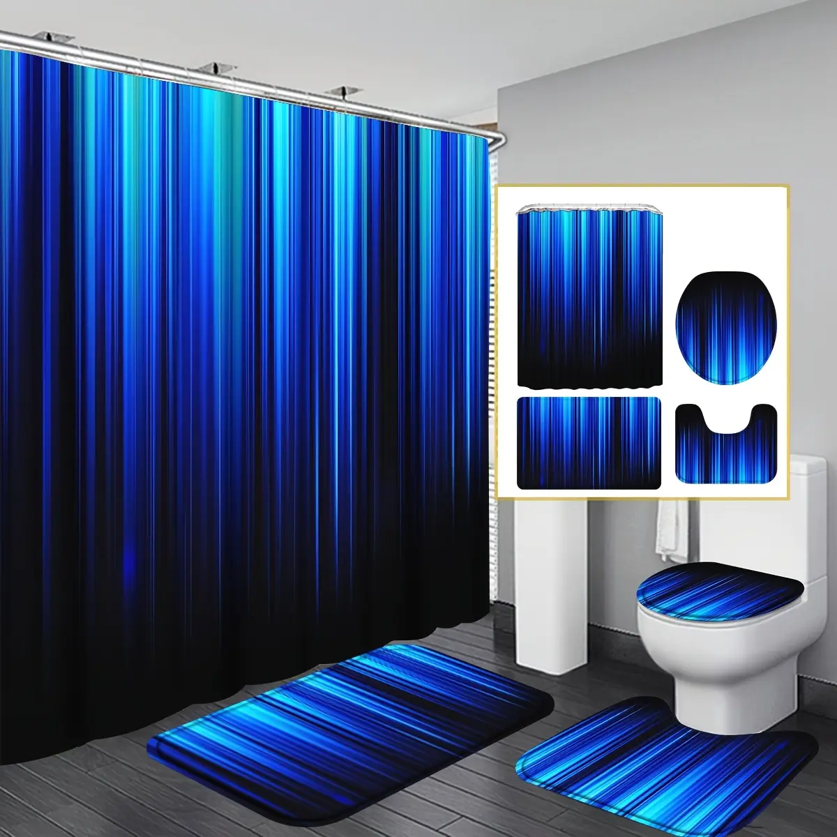 4-piece blue and black gradient shower stall curtain set, stylish tech-feel bathroom curtain set, includes 12 hooks, including a non-slip bathroom, U-shaped toilet, toilet lid, modern bathroom accessories, perfect as a gift for a new home
