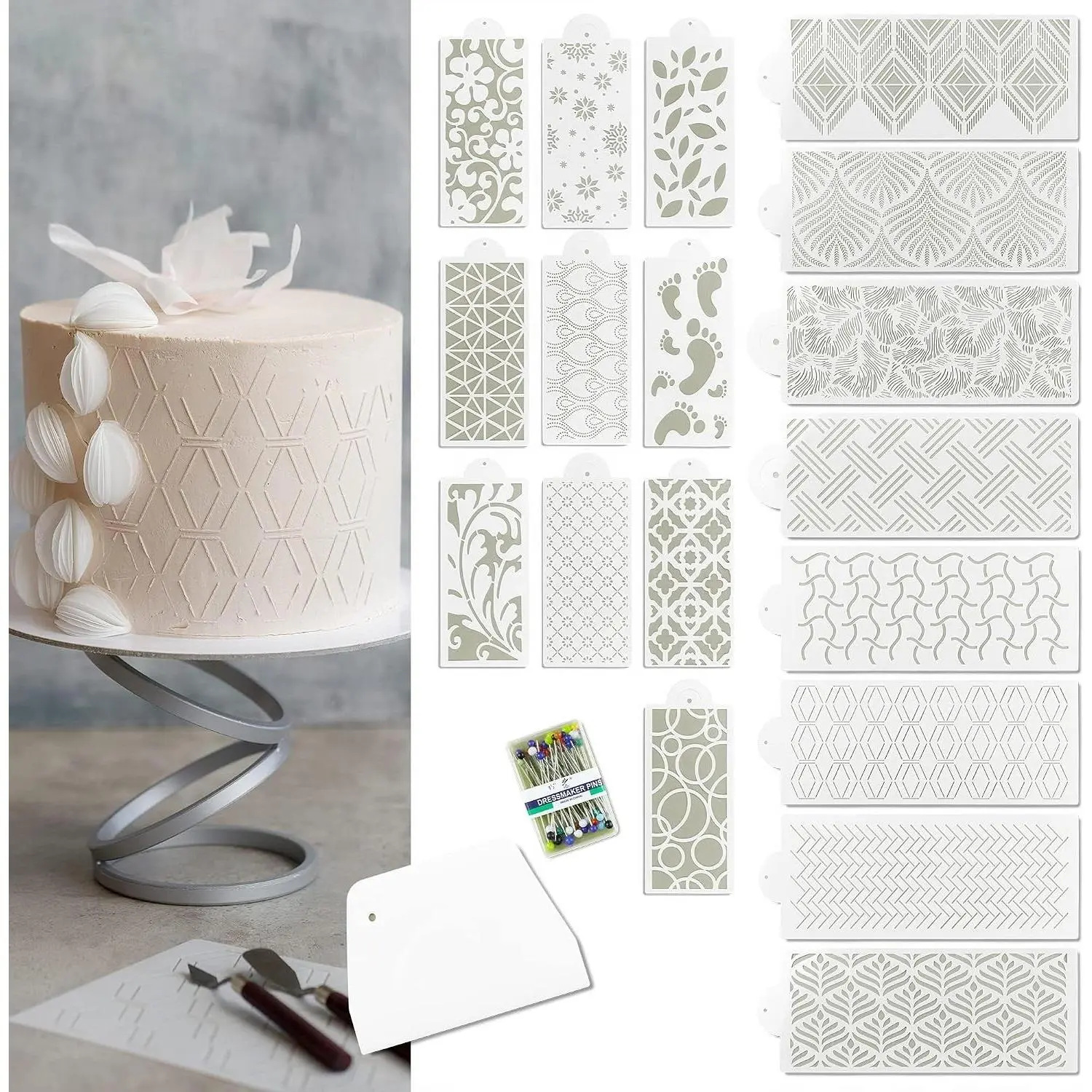 Cake Stencils - Cookie Stencils for Royal Icing, Templates for Buttercream Decorating, Baking Stencil, Mesh Reusable Spray Fondant Cookies, Paiting (18xDesigns with Scraper and 50xPins)