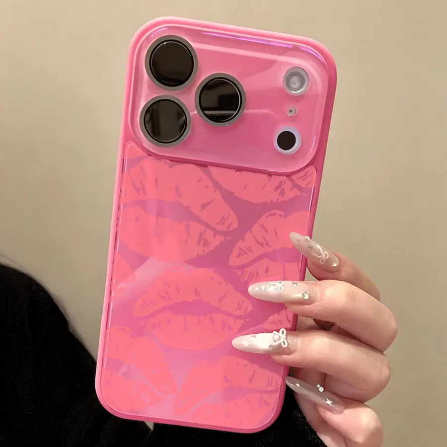 Pink Lips Patterned Crystal Phone Case with Soft-Touch Finish - Trendy Instagram-Style Dopamine Design Phone Accessories, Compatible with iPhone 17 Pro Max/Air, 16, 15, 14, 32 Series