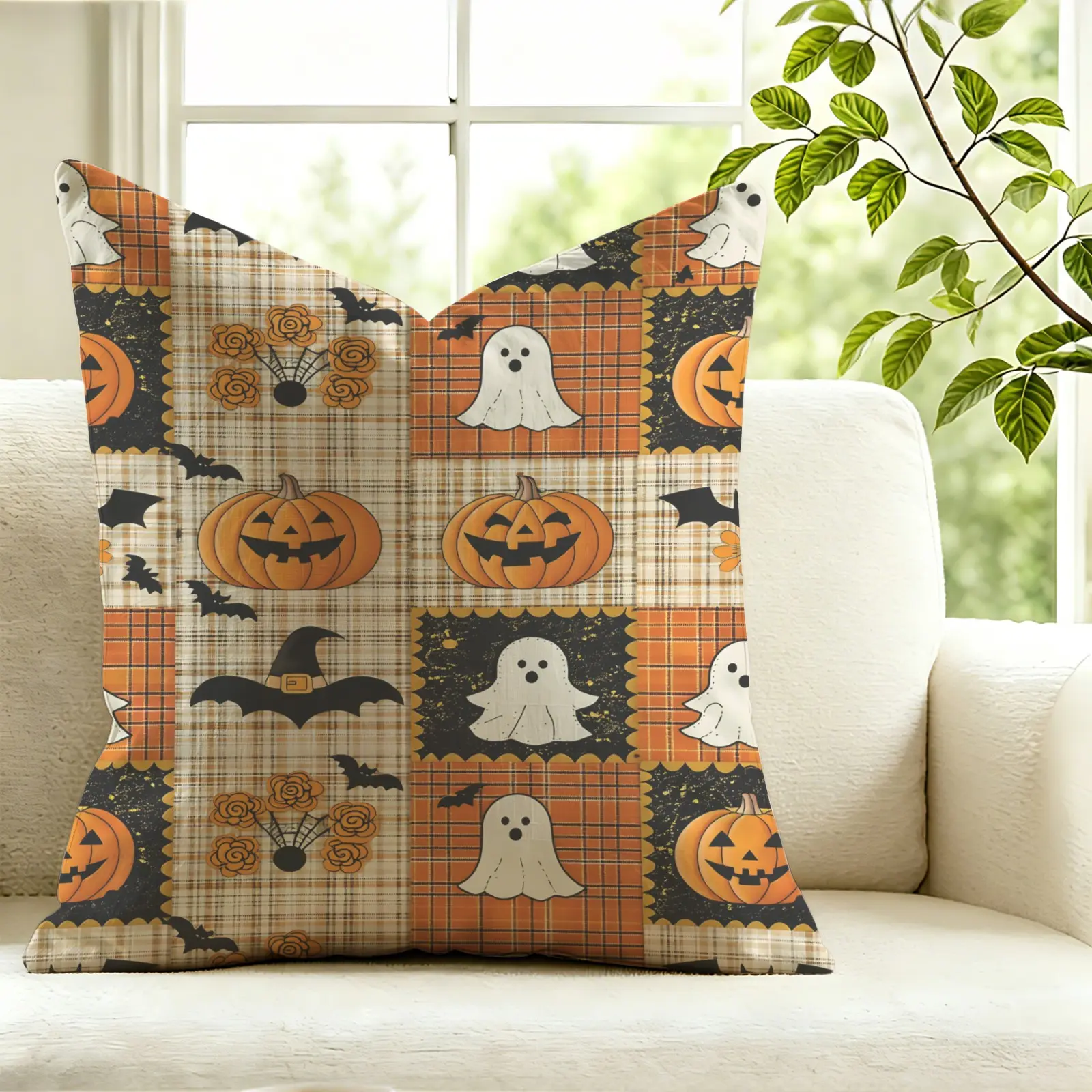 Vintage Halloween Patchwork Ghost Pumpkin Digital Print Throw Pillow, Cushion, Accent Pillow, Includes Pillow Core, Soft Fabric, Cute Spooky Pattern, Decorative Cushion for Sofa Couch Bedroom Halloween Party Home Decor