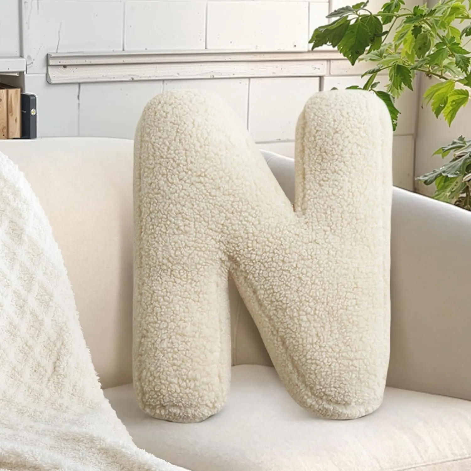 Alphabet Letter N Decorative Throw Pillow, 14.9"x11.8" Soft Plush Wool Cushion, Novelty Home Decor for Nursery Playroom