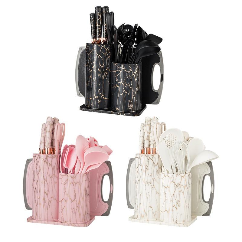 Kitchen Knife Set with Storage Holder, 25pcs/set Including Stainless Steel Knives & Scissors & Spatula & Tongs & Whisk & Cutting Board, Modern Home Kitchen Utensils Set, Kitchenware