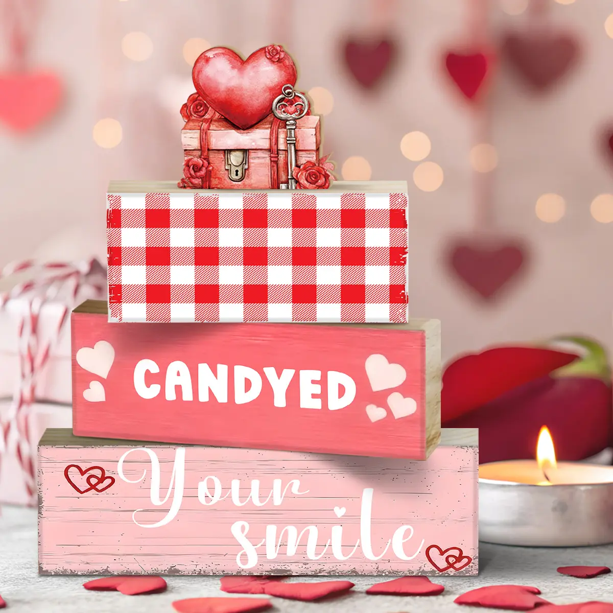 4 Pcs Valentine Table Decor Wooden Red Love Decoration, Valentine's Day My everything Centerpiece, Sweet home Tiered Tray Decor Red Heart Block Signs Gift for Farmhouse Home Kitchen, valentine's day display set