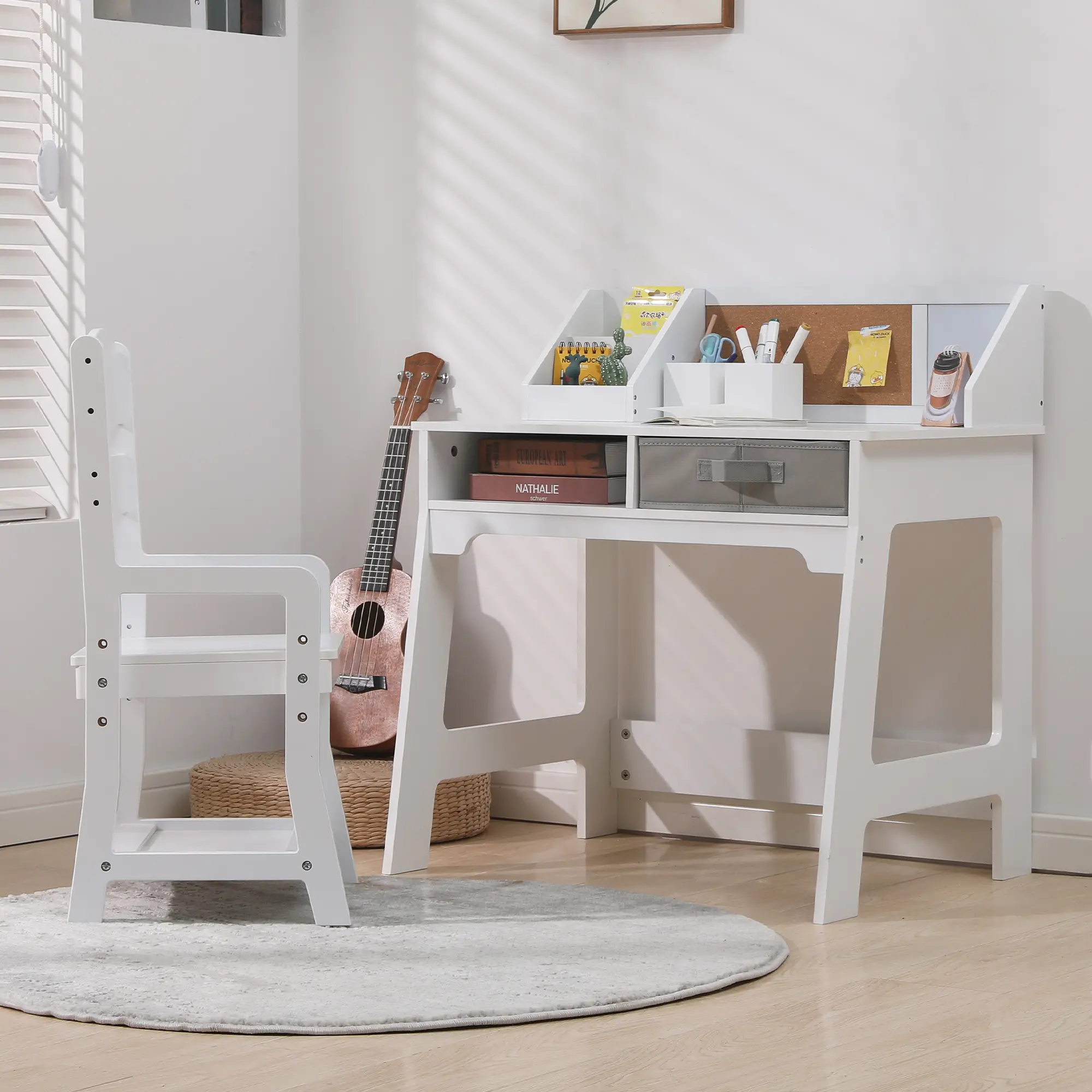 Garvee Ergonomic Height Adjustable Kids Study Desk and Chair Set - Wooden Student Table with Drawers, Hutch, Cork Board, Pen Holders - Space-Saving Design for Homework and Art - White