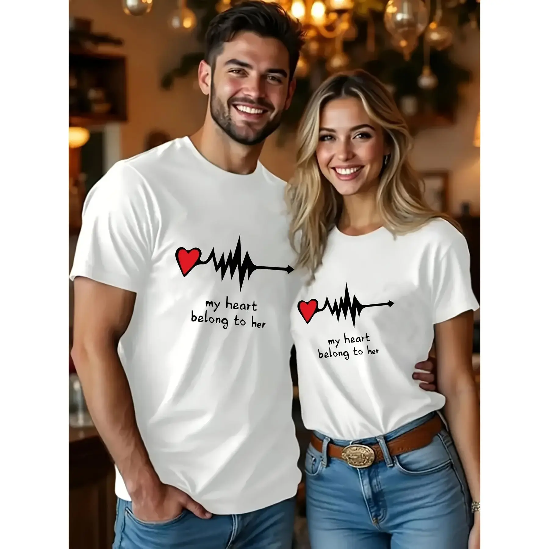 His and her Matching Couple T-Shirt | Romantic Couple Outfit with Letter Pattern Design, Casual Round Neck, Short Sleeve, Summer Clothing, Perfect for Date Night or Valentine'S Day Holiday Gift