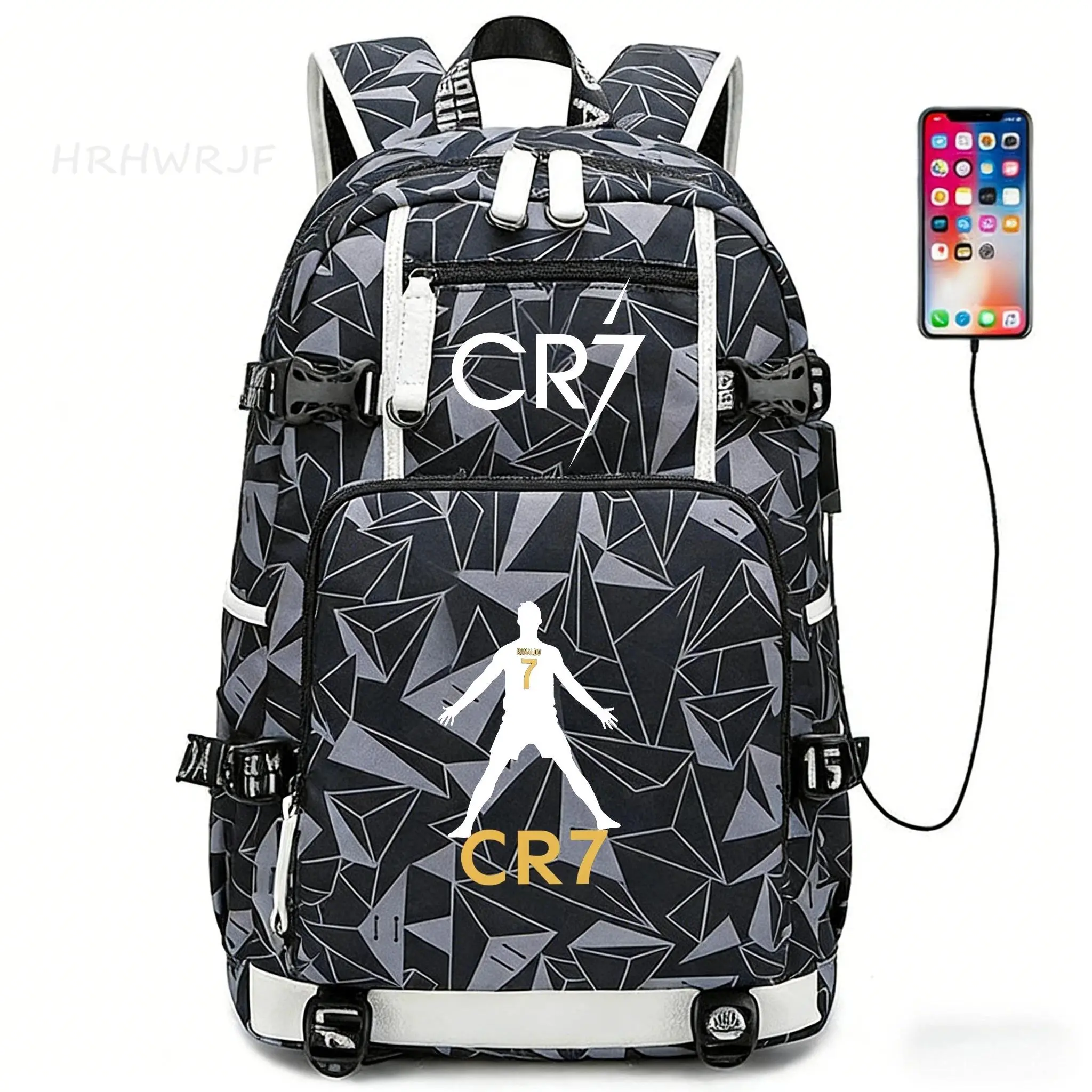 Unisex CR7 Print Camouflage Backpack, Synthetic Waterproof Material, USB Charging Port, Multi-Pockets, High-Capacity Functional Bag for Teens, School & Hiking
