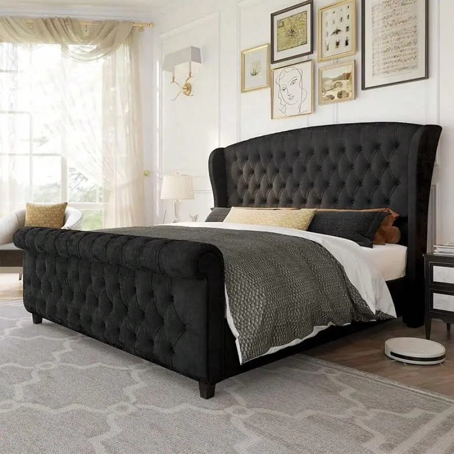 Chenille Upholstered Sleigh Platform Bed With Scroll Wingback Headboard & Footboard, Button Tufted – No Box Spring Required