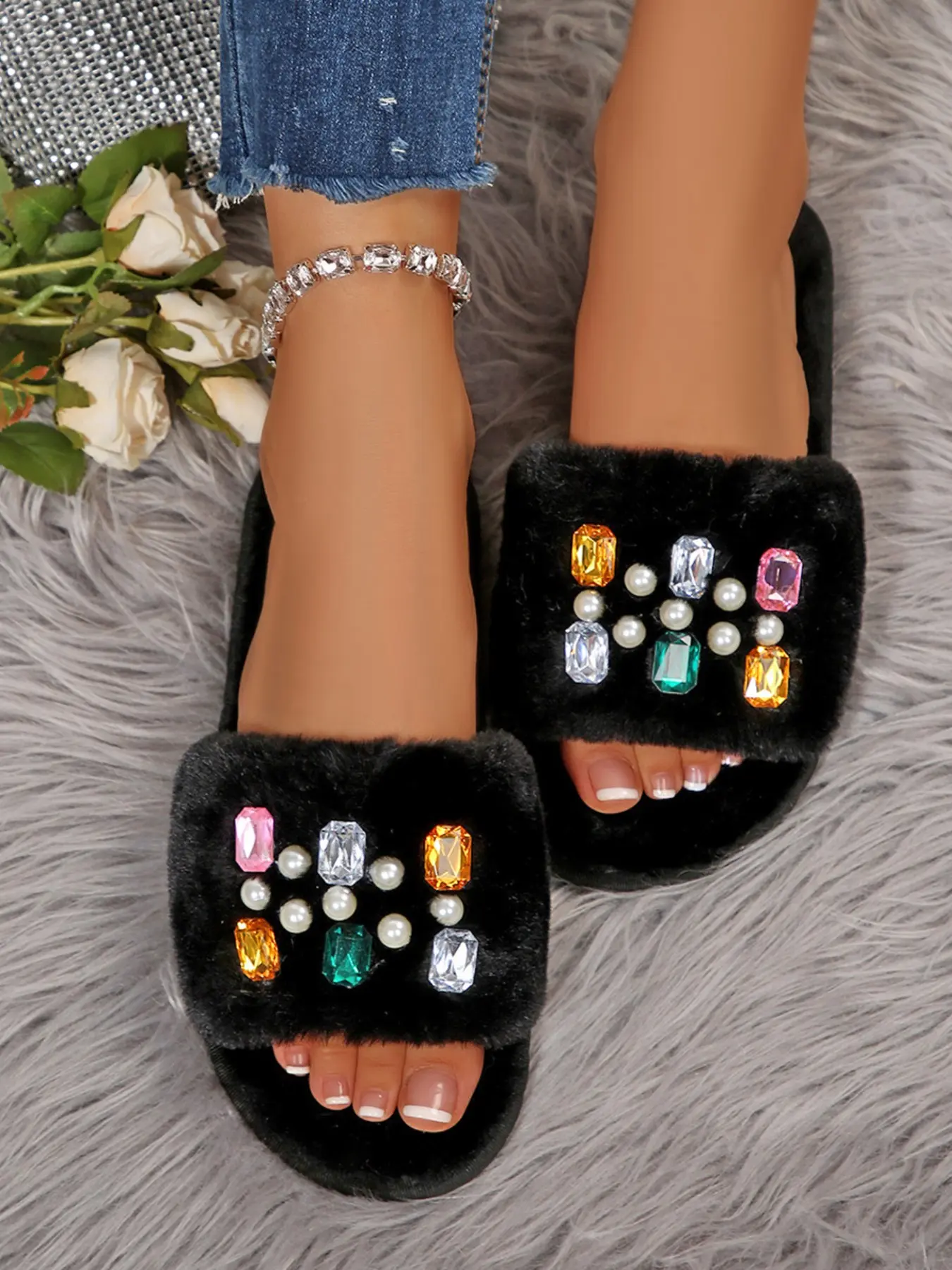 Colorful Pearl Slippers, Rhinestone Fuzzy Slippers, Imitation Fur Home Slippers, Sparkling Open-Toe Slippers, Casual All-Season Footwear