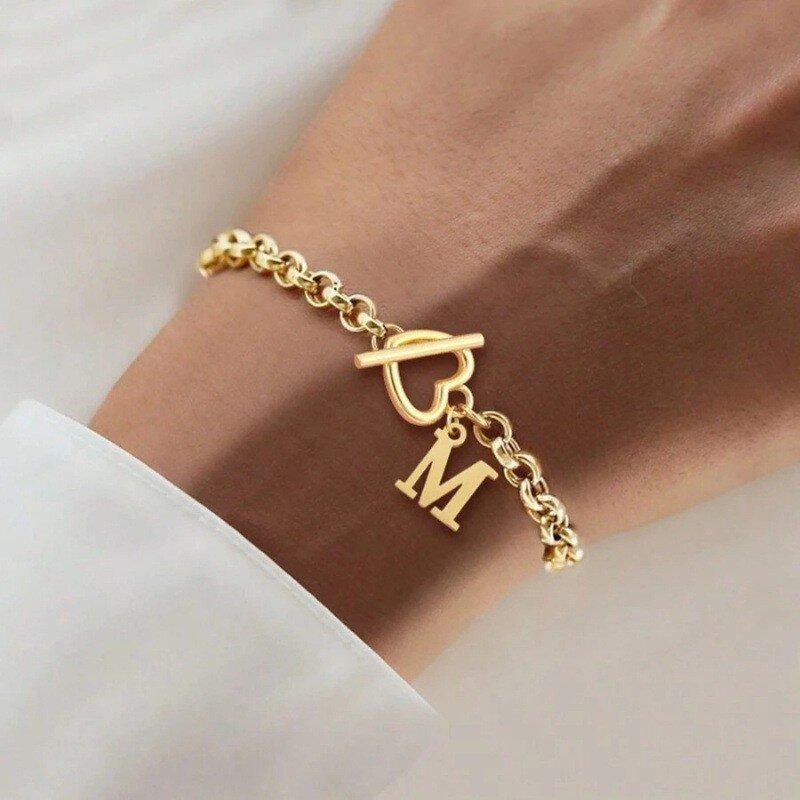 Stainless Steel Initial Letter Heart Toggle Bracelet Gold Plated 26 Alphabet Charm Bracelet for Women Daily Jewelry