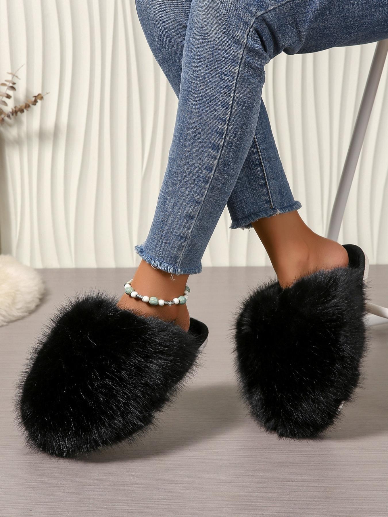 Women's Solid Color Fluffy Plush Slippers, Casual Soft Comfortable Home Slippers, Warm Slippers for Indoor & Outdoor Use for Fall & Winter