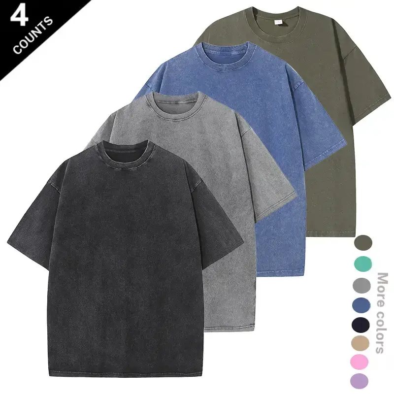 Four pack Vintage Washed Distressed Short sleeve T shirts Oversized Relaxed Instagram Influencer Style Heavyweight Thick Fabric Durable Resists Wear Deformation No Pilling Fading Crew Neck Basic Versatile Menswear Top