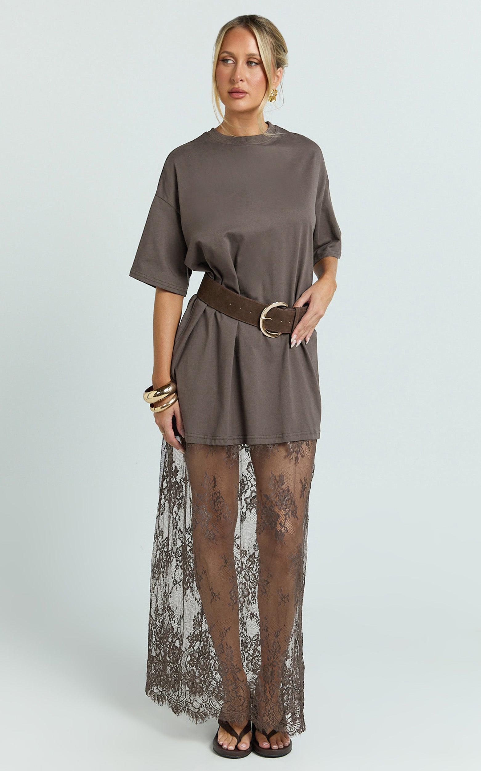 Women's Black Oversized T-Shirt Maxi Dress with Sheer Lace Hem Drop Shoulder Short Sleeve Perfect for Street Style...