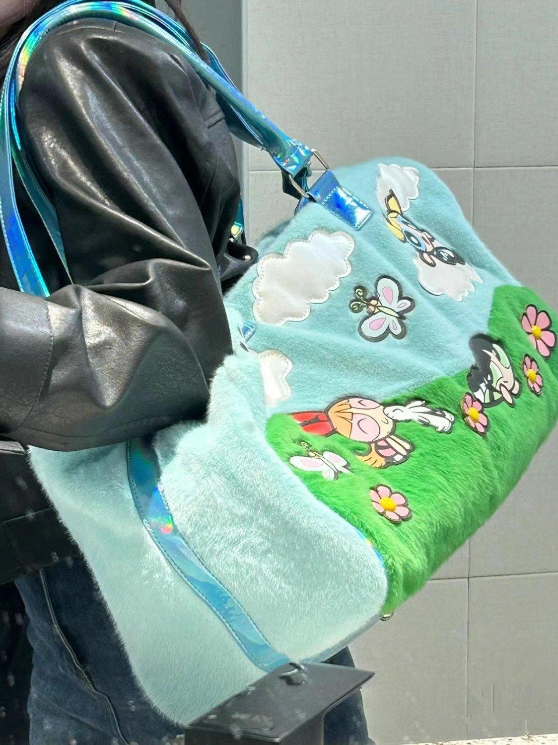 Large Capaci Plu Handbag Cartoon Animation Youthful Sle Soft Rabbit Fur Material Zipper Closure Casual Leisure Handbag