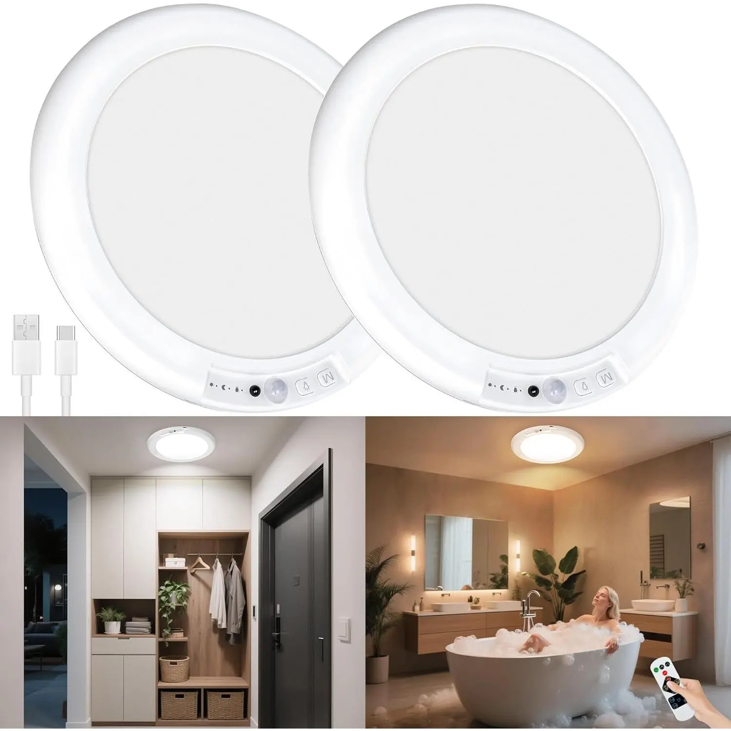2 Pack Rechargeable Ceiling Lights, Motion Sensor Lights No Wiring, Wireless Closet Lights Battery Operated, for Bathroom Laundry Room Kitchen Porch Stair Hallway Shower Pantry Garage