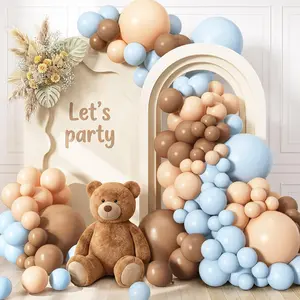 156pcs Dusty Blue and Brown Balloon Garland Arch Kit, Bear Baby Shower Decoration with Boho Brown Skin Color Blue Balloons for Gender Reveal and Birthday Party Decoration
