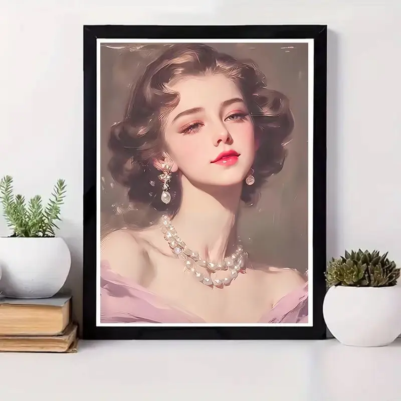 One 2D flat frameless hand-made DIY diamond painting set Retro oil painting style elegant female portrait Exquisite makeup pearl jewelry details Suitable for home decoration art DIY lovers