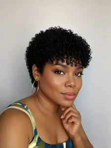 Women's Human Hair Wig, Afro Kinky Curly Pixie Cut with Bangs, 6inch Short Water Curly Wig, Ideal for Party and Cosplay