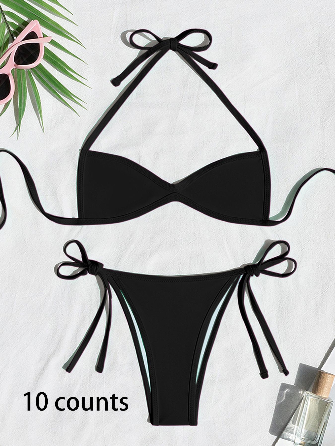 Women's Two-piece Plain or Colorblock Bikinis Set for Summer, Halter Tie-Back Bikini Top & Tie-Side High-Cut Bikini Bottom, Ladies Summer Swimwear for Beach Holiday