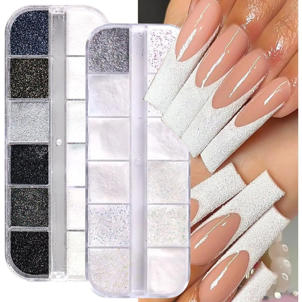2 Boxs Black & White Glitter Sugar Powder for Nails, Ultra Fine Glitter Sugar Coating Effect Nail Dipping Powder, Sparkle Fairy Shiny Nail Art Decoration Diamond Dust for French Manicure