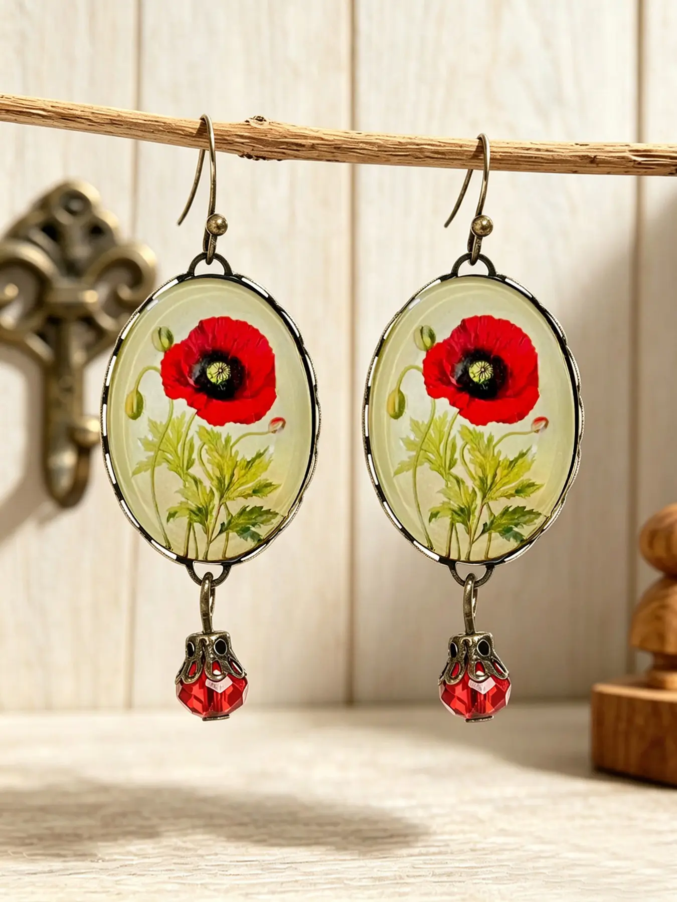 Vintage Lovely Poppy Blossom Glass Oval Drop Earrings Antique Bronze Red Bead Fine Jewelry Gift For Women