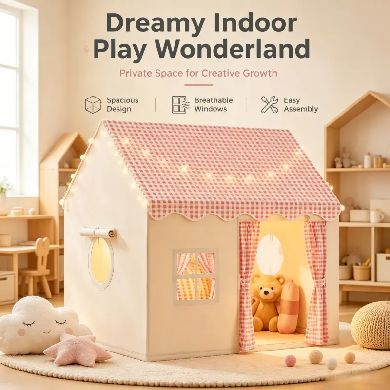 Breathable Window Fabric Play House Tent Easy Assembly Spacious Interior Pink Checkered Roof Indoor Private Creative Leisure Wonderland