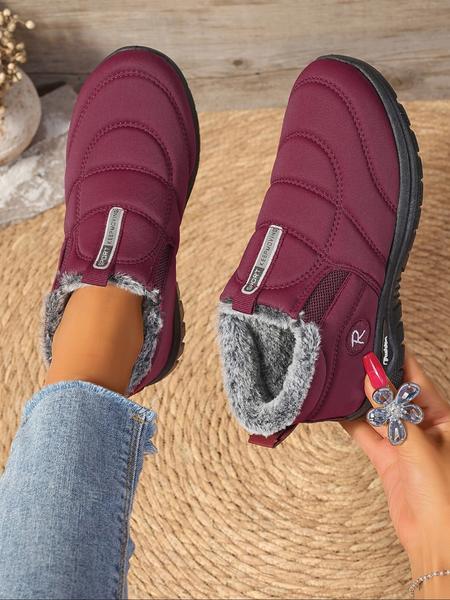 Women's Plain Color Plush Lined Ankle Boots, Slip-On Soft Sole Anti-Slip Snow Boots, Comfortable Warm Winter Flat Shoes for Home & Travel