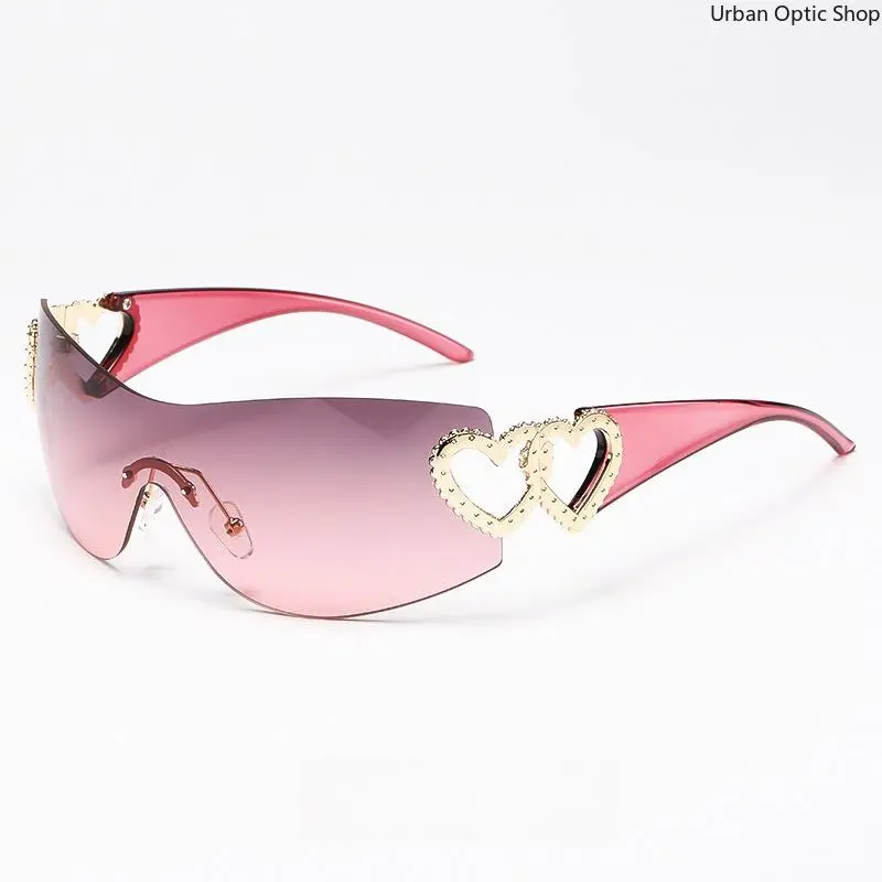 Women's Y2K Retro Rimless Wrap-Around Sunglasses, Hollow Double Gold Heart Ornaments, Gradient Pink UV400 Lenses, Lightweight Chic Fashion Eyewear for Daily Street Style, Bachelorette Parties, Beach Vacations, Music Festivals and Outdoor Activities