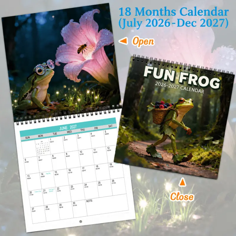 The 2026-2027 Mystery Frog themed wall calendar uses an 18-month large grid design, featuring monthly images and a cover. It's perfect for home, office, and everyday planning, making it a great choice for Christmas and New Year gifts.