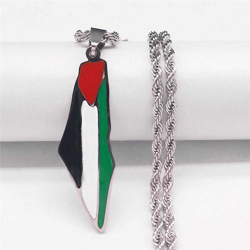 Palestine Map Flag Enamel Pendant Necklace Stainless Steel Rope Chain Fashion Statement Jewelry for Men Women