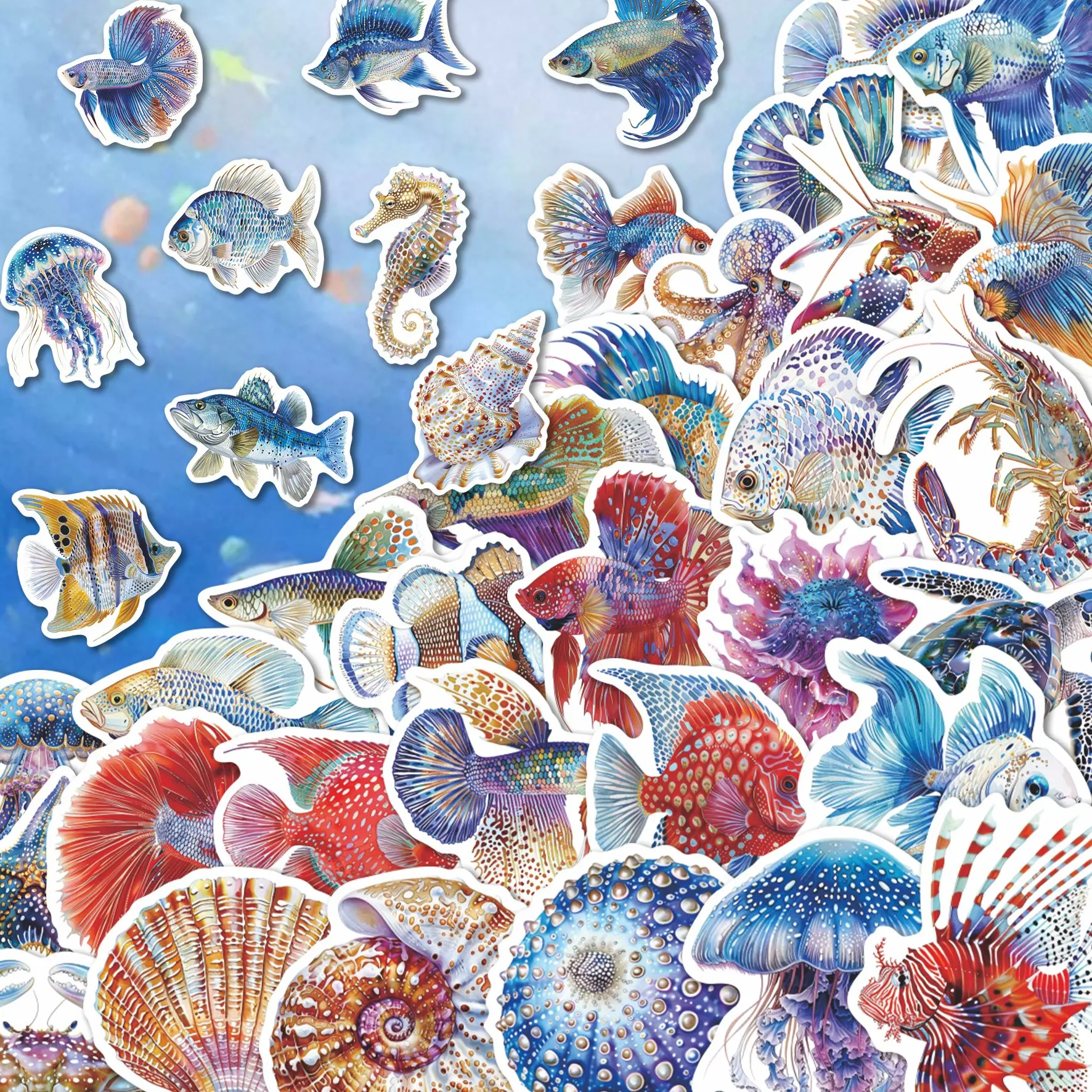 50 Pcs Marine Creature Vinyl Stickers Pack | Tropical Fish Jellyfish Seahorse Seashell Ocean Life Watercolor Art Decals Cute Stickers Aesthetic | For Phone, Water Bottle, Tablet Decor & Suitcase Decor | For Aesthetic & Hobby Collectors
