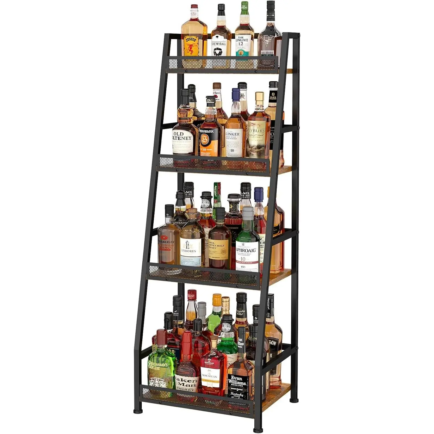 4-Tier Trapezoid Liquor Stand for Home Bar, Stepped Wine Rack Freestanding Floor Liquor Cabinet for Whiskey Wine, Versatile Corner Wine Bottle Display Stand with Fences, Vintage Brown（Patent Pending）
