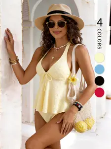 Curvy Women's 2 Piece Swimwear, Yellow Textured Halter Tankini Top & Brief Bottom, Tummy Control, Swimming Pool Holiday Trip, Summer Tankini Beach