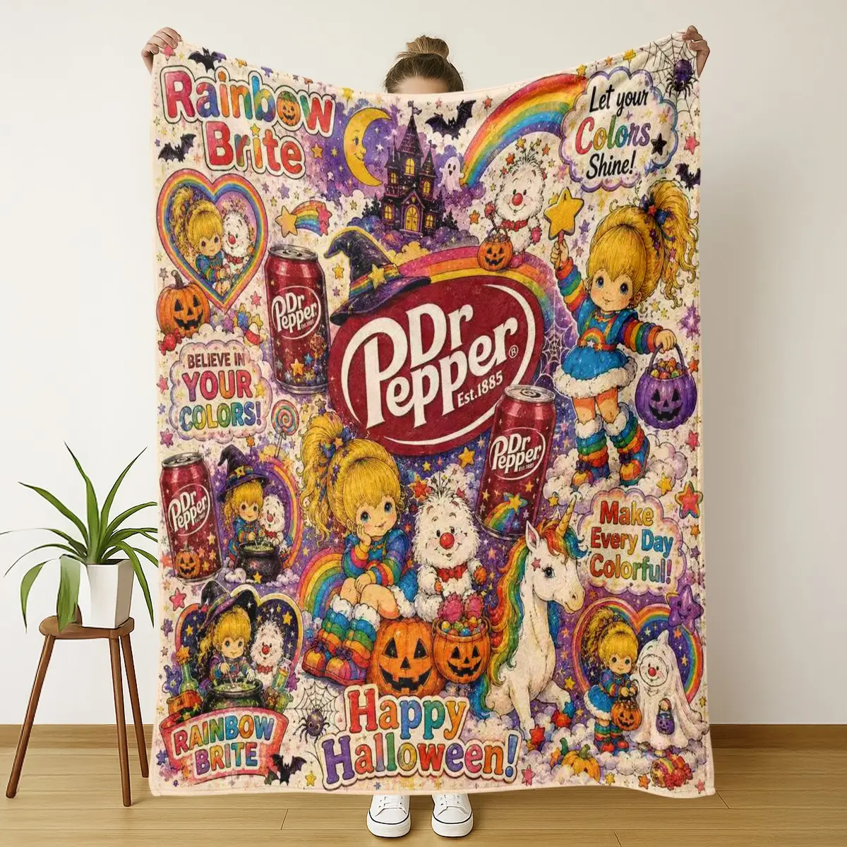 Dr Pepper Rainbow Halloween Flannel Blanket, Cute Vintage Cartoon Pumpkin Unicorn Throw, Colorful Holiday Sofa Bed Decor Fleece Blanket