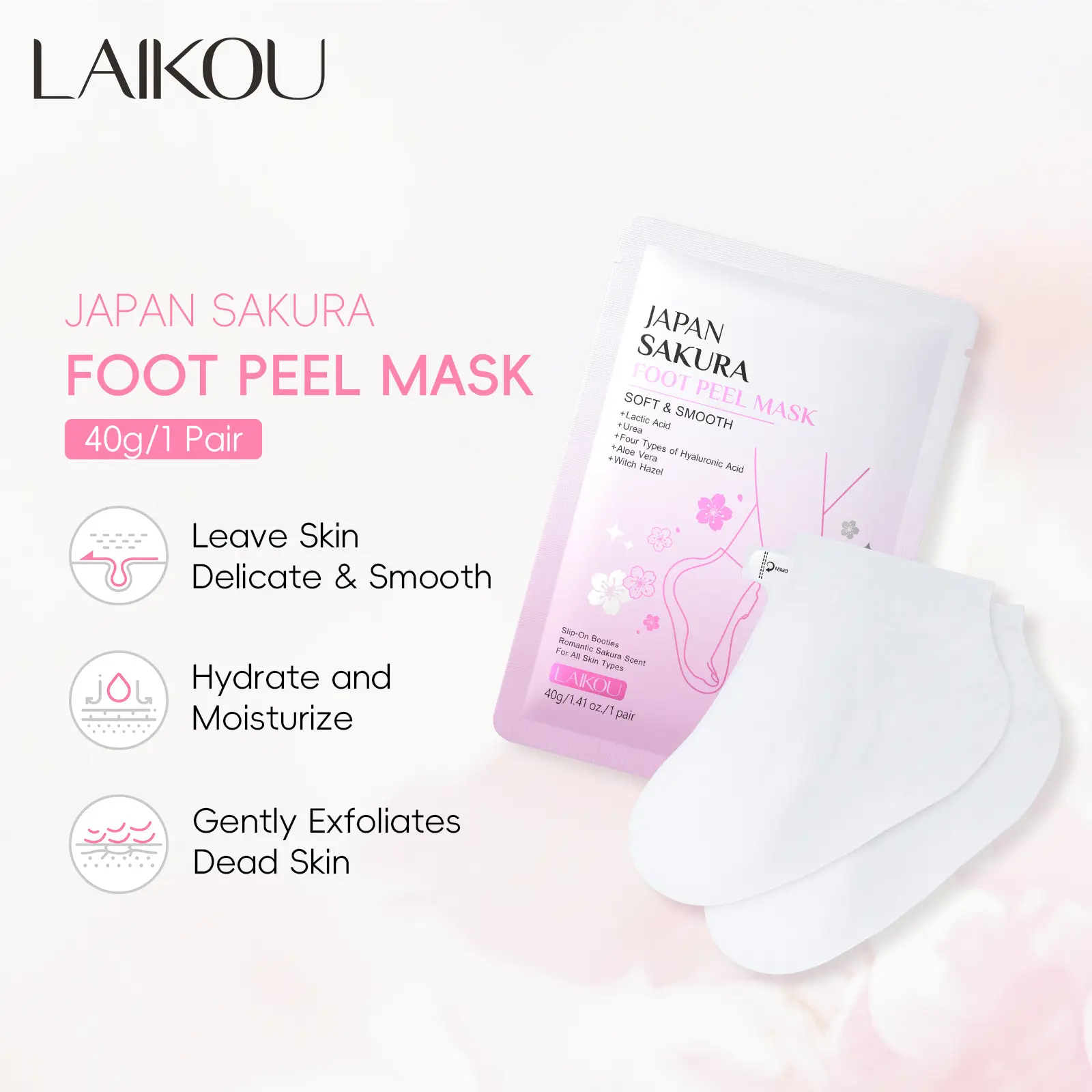 Laikou Cherry Blossom Foot Mask 40g, Hydrating and Moisturizing, Softening Skin, Revitalizes Feet, Ideal for Daily Use