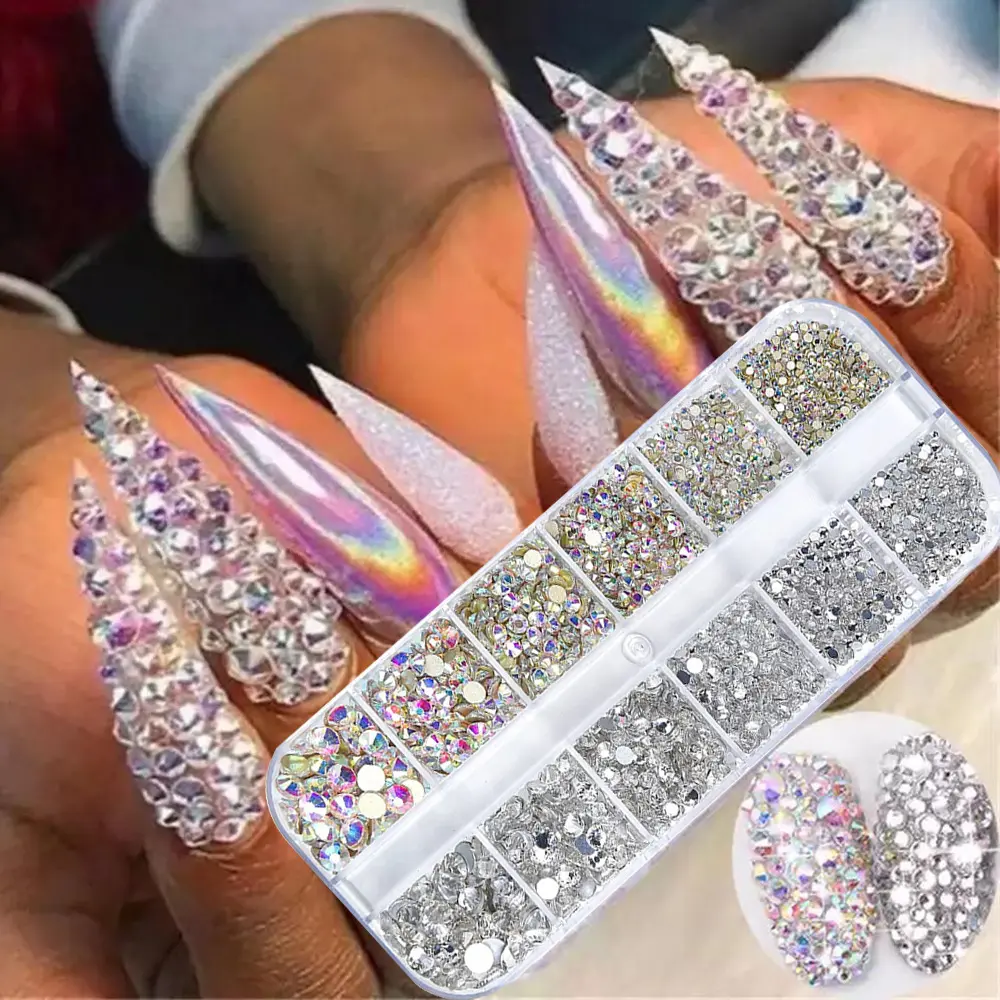 12 grid long rhinestone mixed size nail flat drill AB+white rhinestone high shiny DIY nail drill Nail Rhinestones Nail Art Gems